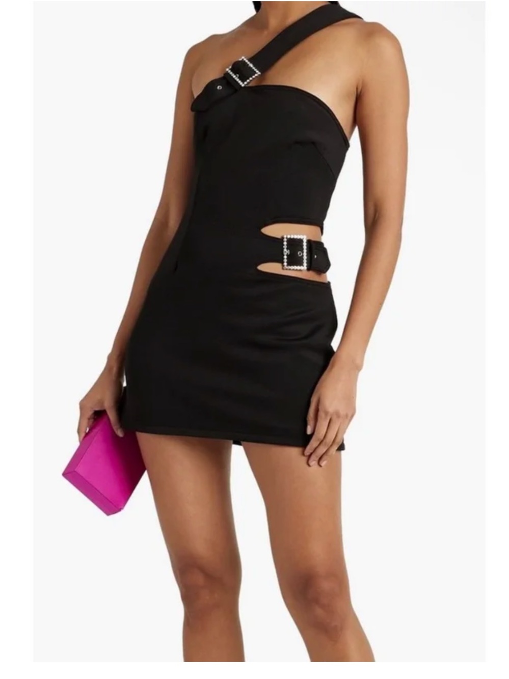 AREA Black One-Shoulder Mini Dress with Rhinestone Buckles